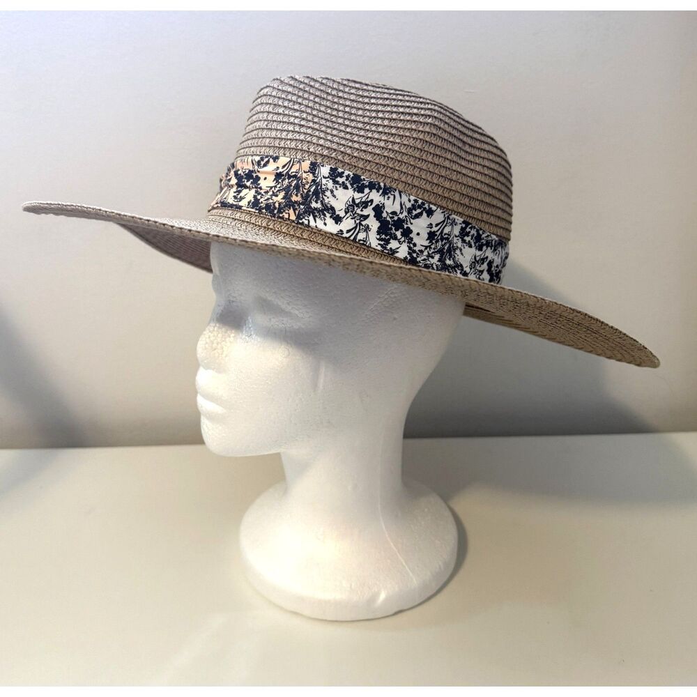 Marcus Adler Neutral Wide Brim Summer Hat Floral Band Lightweight Paper OS